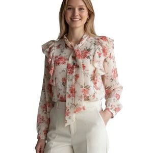 Oak + Fort Floral Chiffon Ruffle Tie Neck Blouse Cream Medium Office Career